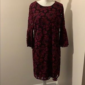 Burgundy/black dress with overlay and bell sleeves